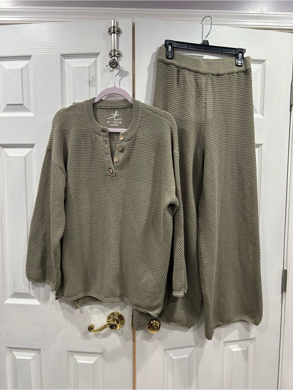 TALLIA brown Knit Henley Sweater and Wide-Leg Pants Set
